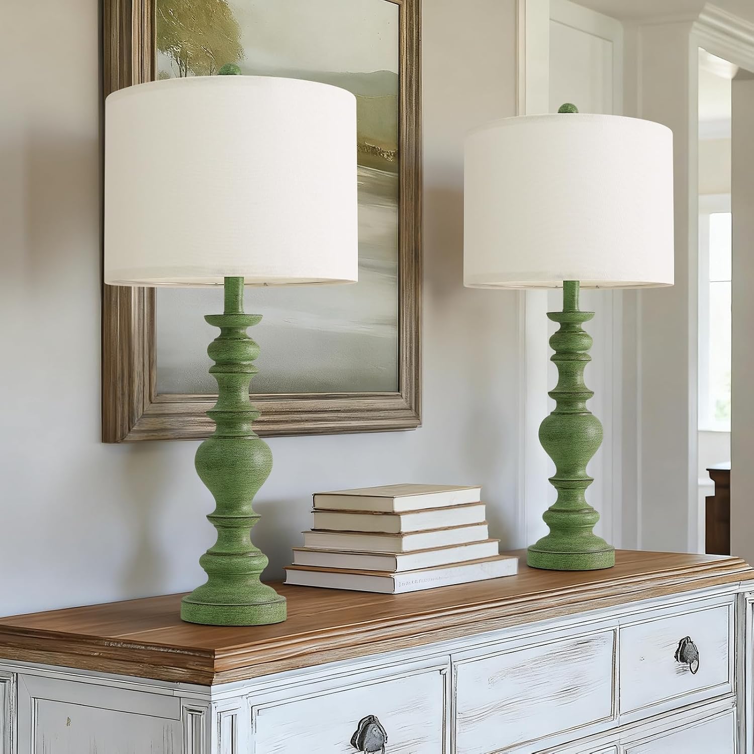 BOBOMOMO 27" Sage Green Table Lamps Set of 2, Large Farmhouse Resin Lamps with Linen Shades, Green Vintage Lamps for Living Room…