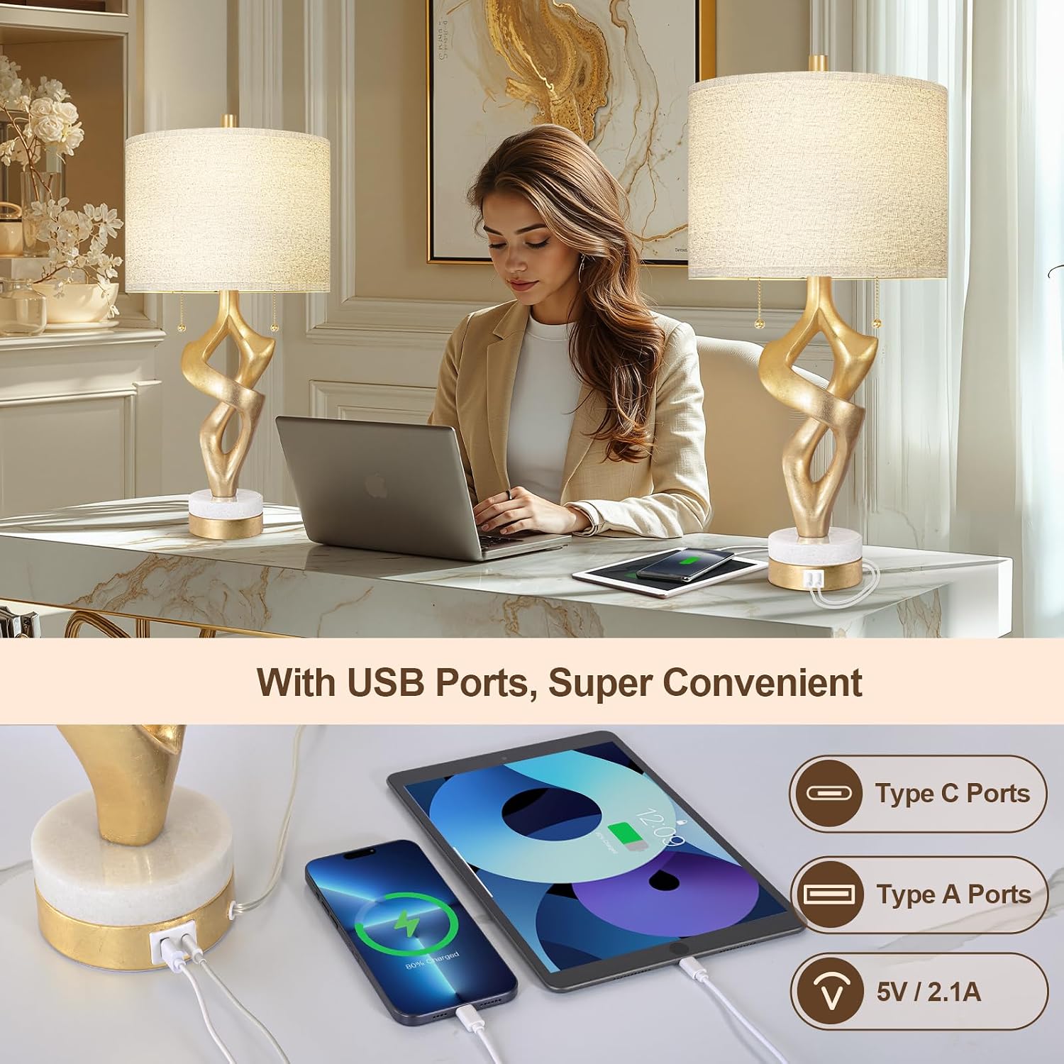 Scenekoy Sculptural Table Lamp Set of 2 with USB Ports for Bedroom Living Room, 26” Gold Leaf Marble Base Bedside Lamps, Pull Chains…