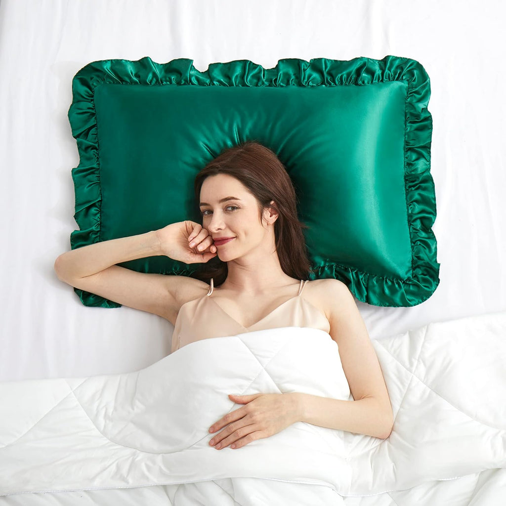 HommxJF Silky Satin Ruffled Pillow Cases for Hair and Skin, Blackish Green Silk Pillowcases Standard Set of 2 with Envelope Closure Princess…