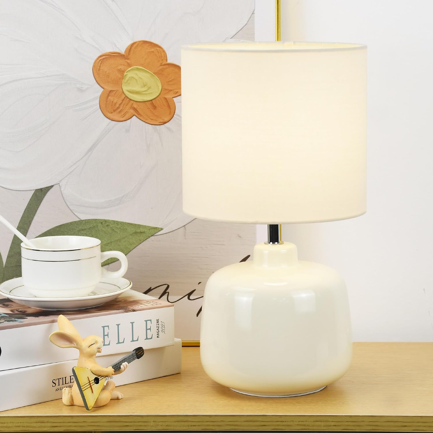 LAMPWELLOSLO Small Ceramic Table Lamp for Living Room and Bedroom, Modern Kids Night Table Lamp, Φ7.09×H13.39IN, Bulb Excluded, Cream