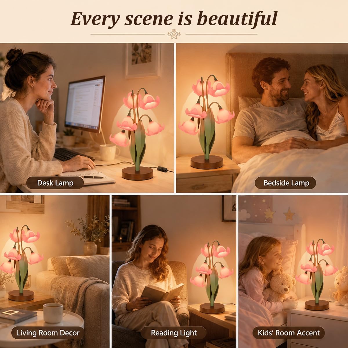 Flower Table Lamp for Bedroom, Cute Reading Light with 5 Pink Magnolia Flower of The Valley, Desk Lamp Bedside Lamps for Nightstands Home…