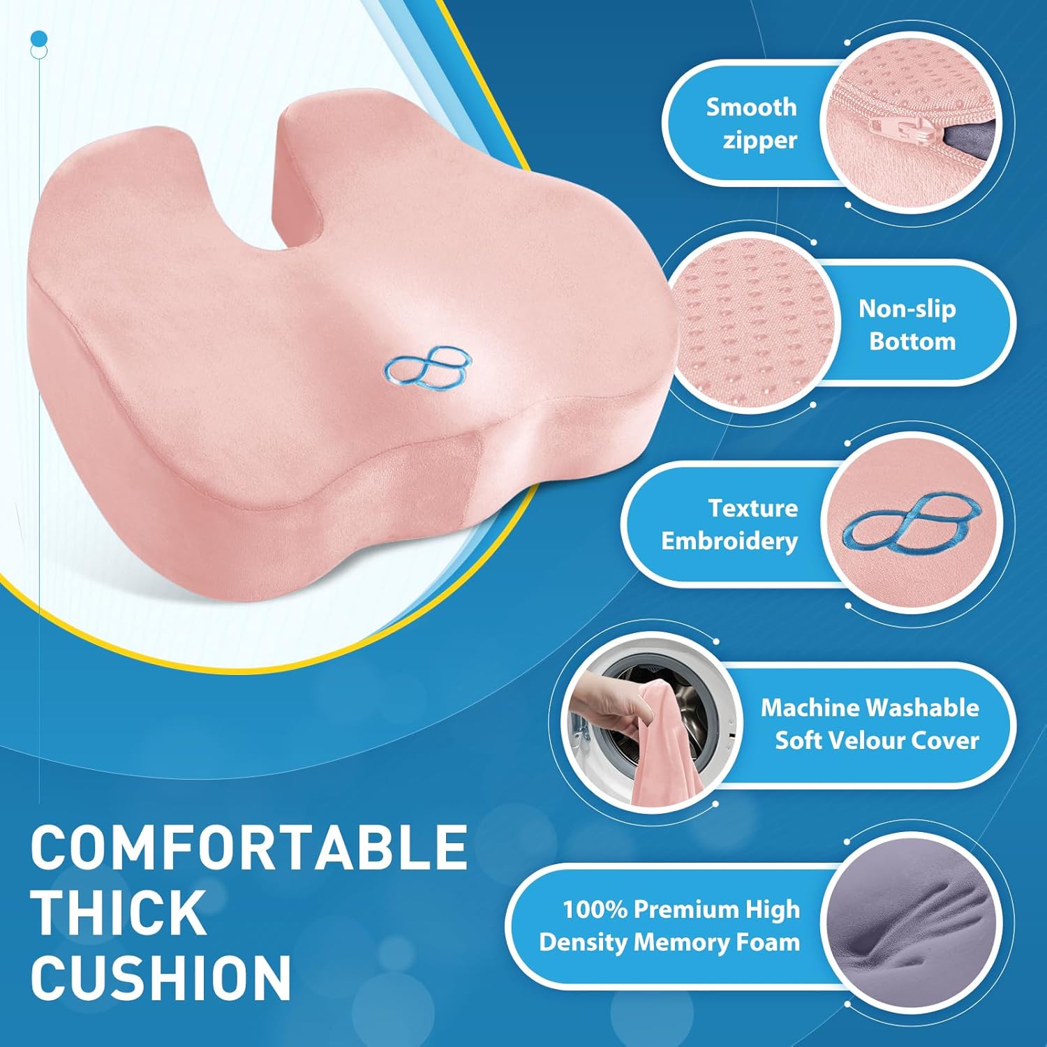 BlissTrends Seat Cushion, Thick Memory Foam Cushions for Office Chair, Car Seat, Airplane, Relieving Pressure Tailbone Sciatica Back Pain fo…