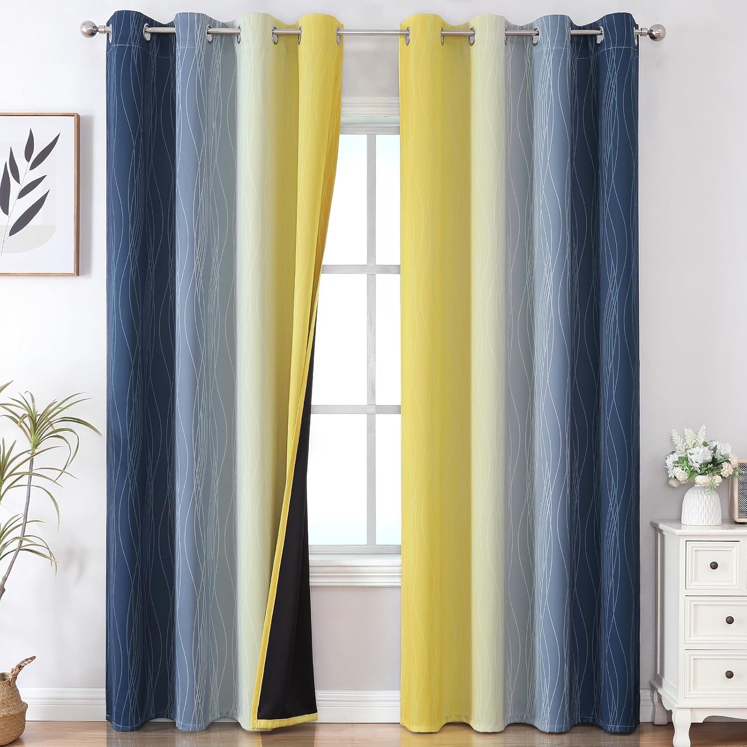 Estelartextiler Estelar Textiler Navy Blue and Yellow Gradient Blackout Curtains for Bedroom, Thermal Insulated Ombre Blackout Drapes, Full…