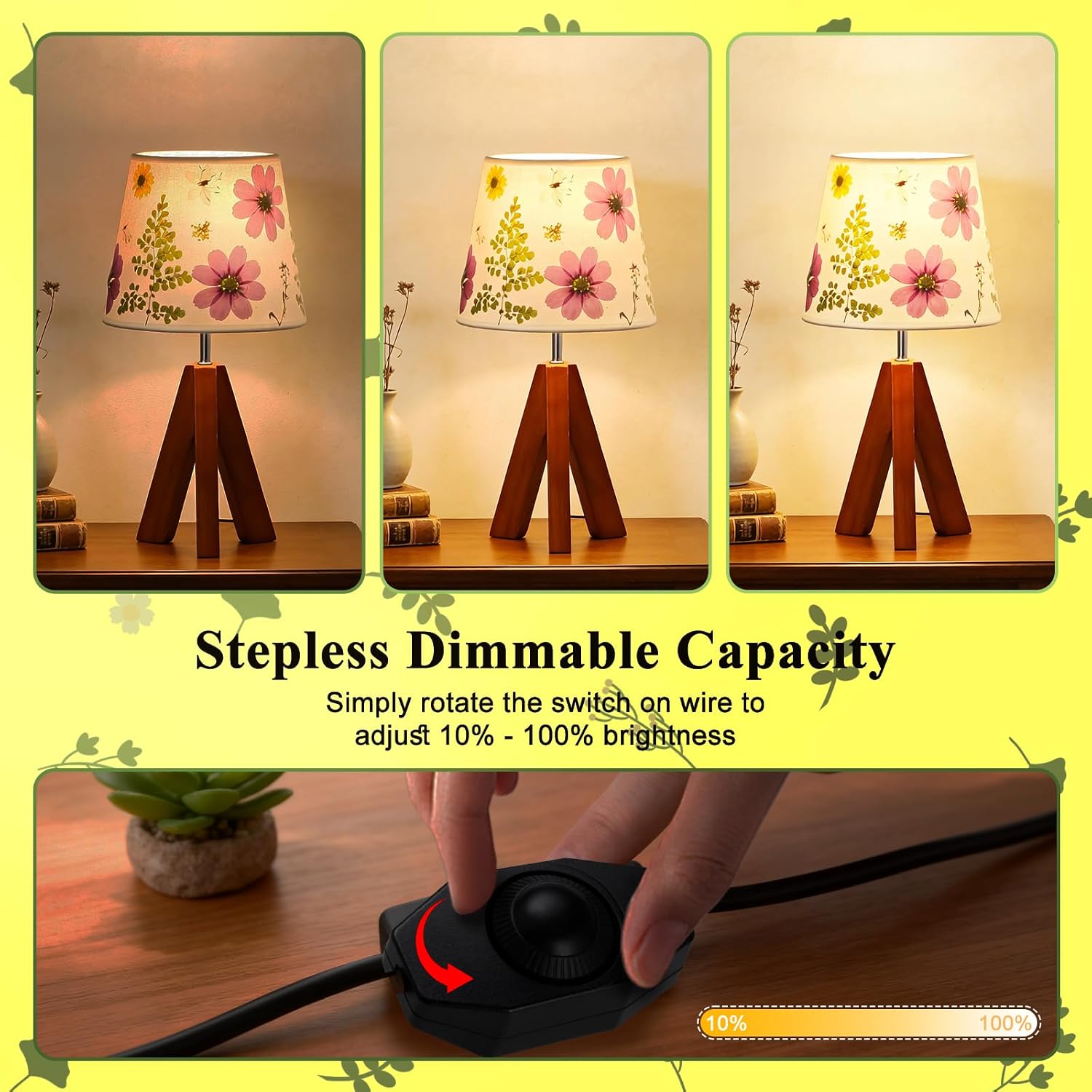 Dried Flowers Tripod Table Lamp 14.17in, 9W LED Dimmable Cute Bedside Lamp with Flowers Linen Lampshade for Nursery, Bedroom, Kid Room…