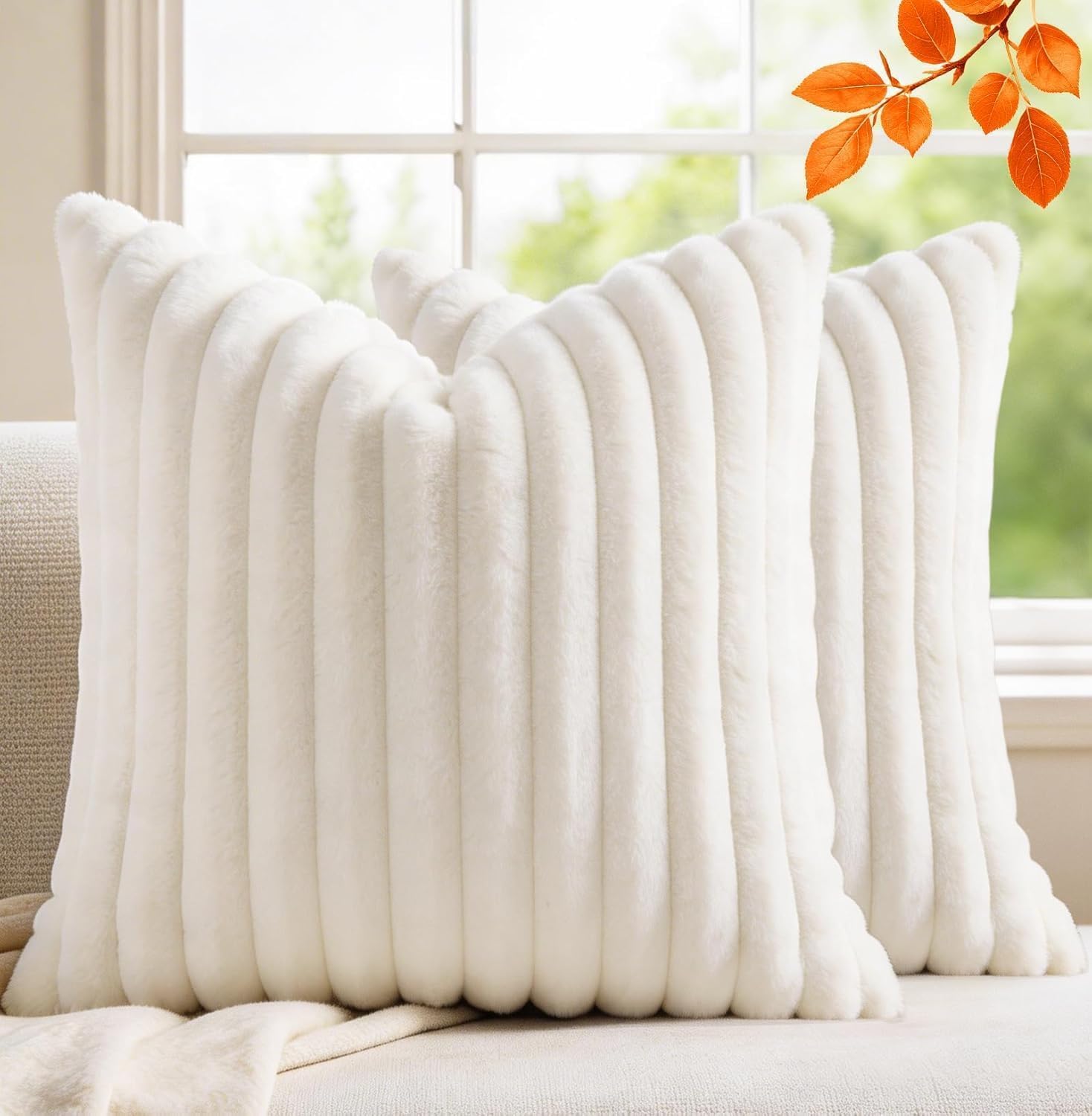 MEGAYES Pack of 2 Throw Pillow Covers 18x18 Decorative Solid Plush Faux Fur with Soft Velvet Back, Square Striped Cushion Cases Mode…