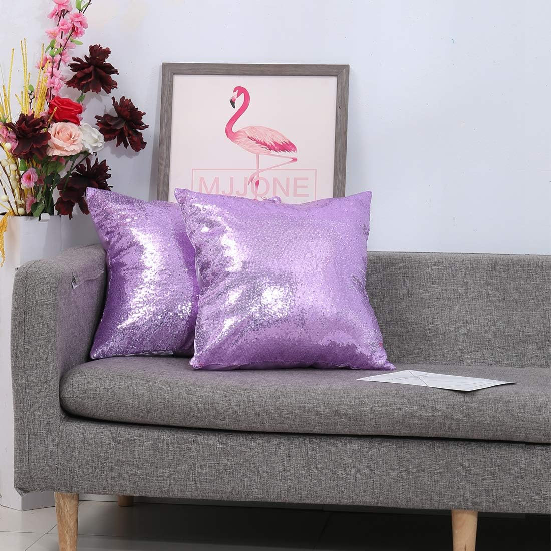 Eternal Beauty Set of 2 Sequin Decorative Pillow Cover Lavender Throw Pillow Covers for Couch Sofa Throw Pillows 18 X 18 Inches