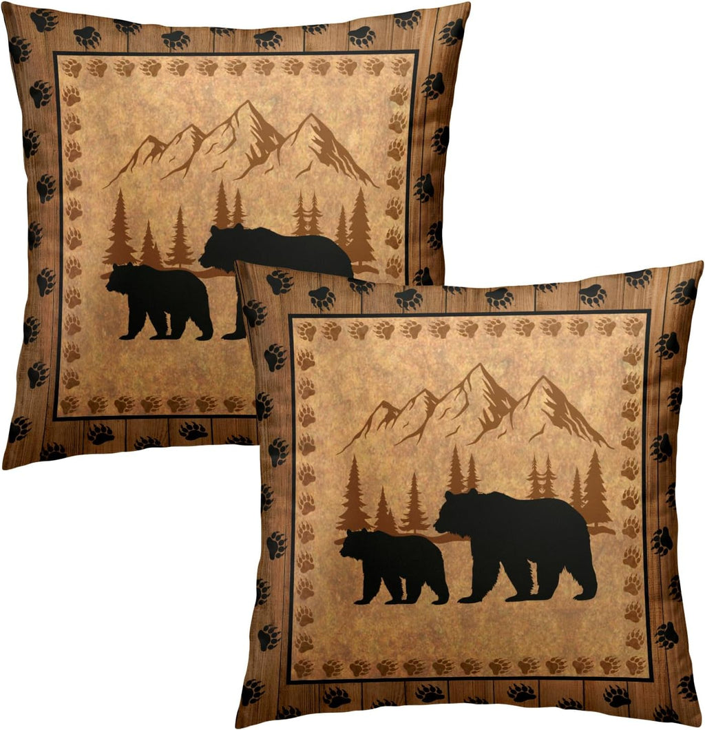 Bear Throw Pillow Covers 18x18 Inch Set of 2 Retro Brown Mountain Decorative Pillowcase Rustic Cabin Bear Hunting Animal Paw Prints…