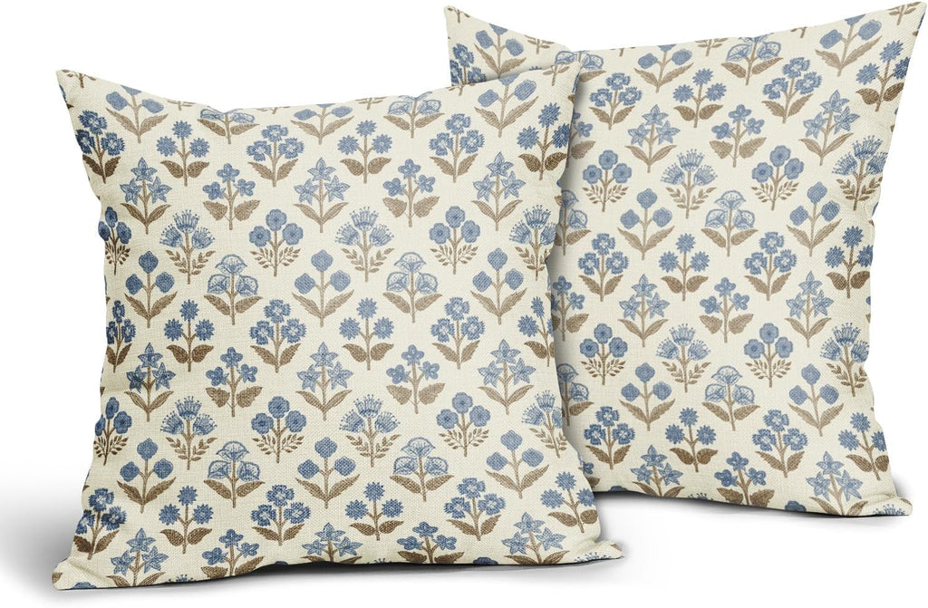 Brown Blue Floral Block Print Pillow Covers 18x18 Inch Set of 2, Vintage Flower Pattern Decorative Throw Pillowcases Outdoor Farmhouse…