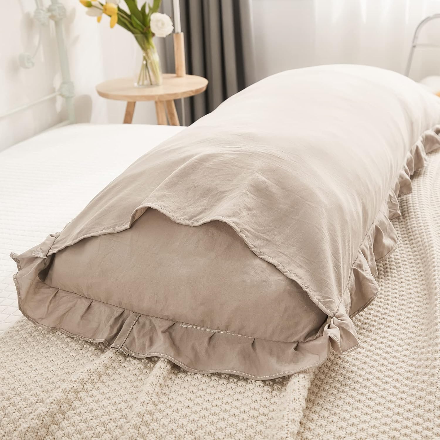 Merryword Taupe Body Pillow Cover 20x54inches Long Pillowcase Ruffled Pillowcases Shabby Chic Ruffled Fringe Decor Body Ruffled Pillow Sham…