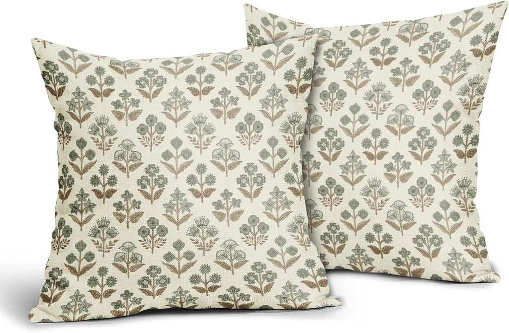 Brown Green Floral Pillow Covers 24x24 Inch Set of 2, Vintage Flower Block Print Pattern Decorative Throw Pillowcases Outdoor Farmhouse…