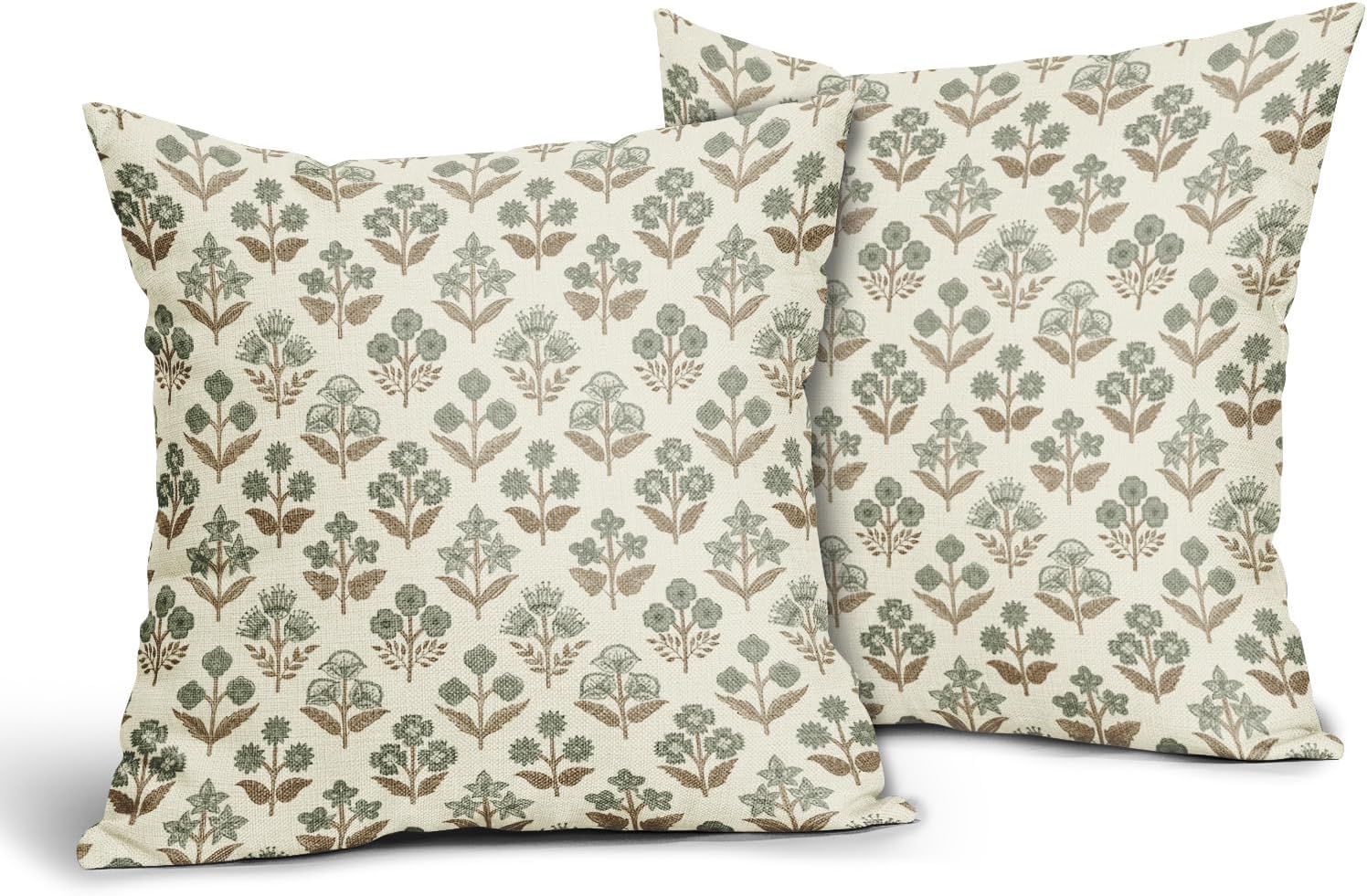 Brown Green Floral Pillow Covers 24x24 Inch Set of 2, Vintage Flower Block Print Pattern Decorative Throw Pillowcases Outdoor Farmhouse…