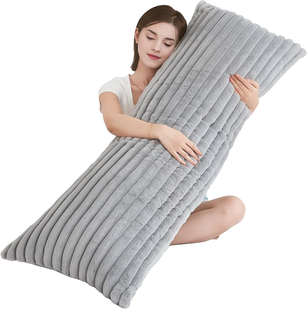 Memfydu Full Body Pillow with Fluffy Stripe Faux Fur Removable Cover, Long Bed Pillow Adult 20x54 Inches for Side Sleeper and Pregnancy, Gr…