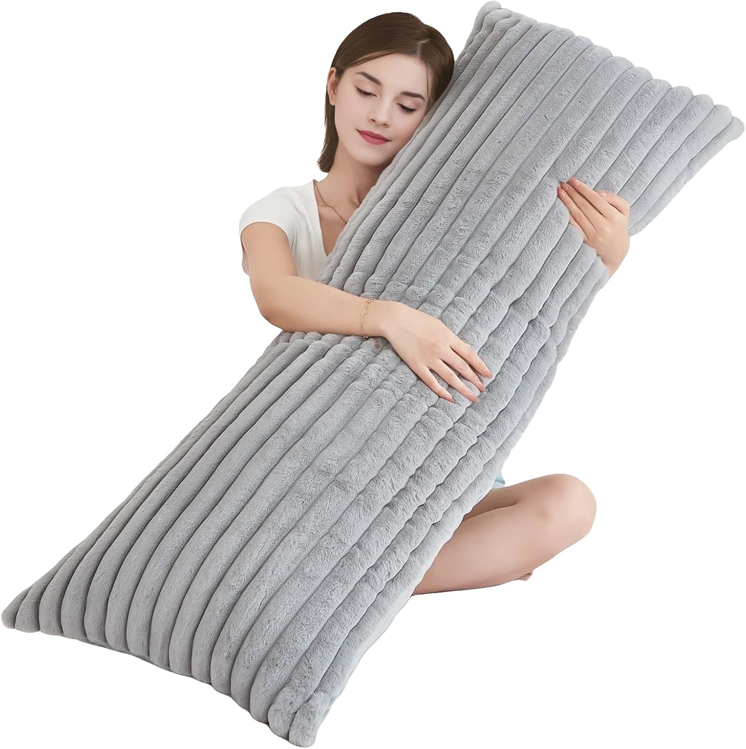 Memfydu Full Body Pillow with Fluffy Stripe Faux Fur Removable Cover, Long Bed Pillow Adult 20x54 Inches for Side Sleeper and Pregnancy, Gr…
