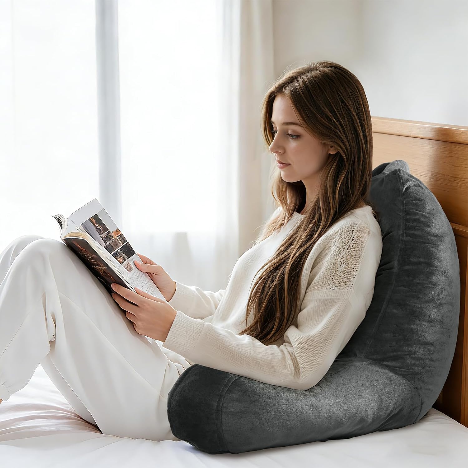 OAISZ Reading Pillow for Sitting in Bed Adult, Reading Pillow with Shredded Memory Foam (Grey, X-Large)