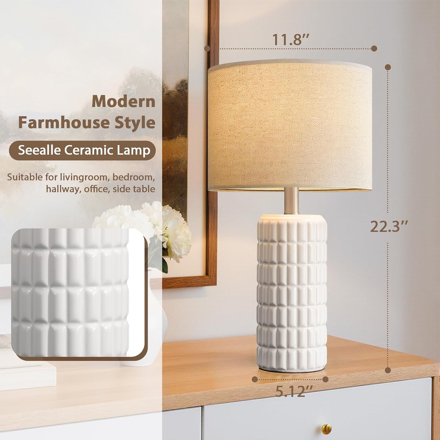 SeealleLighting 23" Modern Ceramic Table Lamps Set of 2 - Table Lamps for Living room, Farmhouse Bedside Night Stands Lamp for Bedroom, Whi…