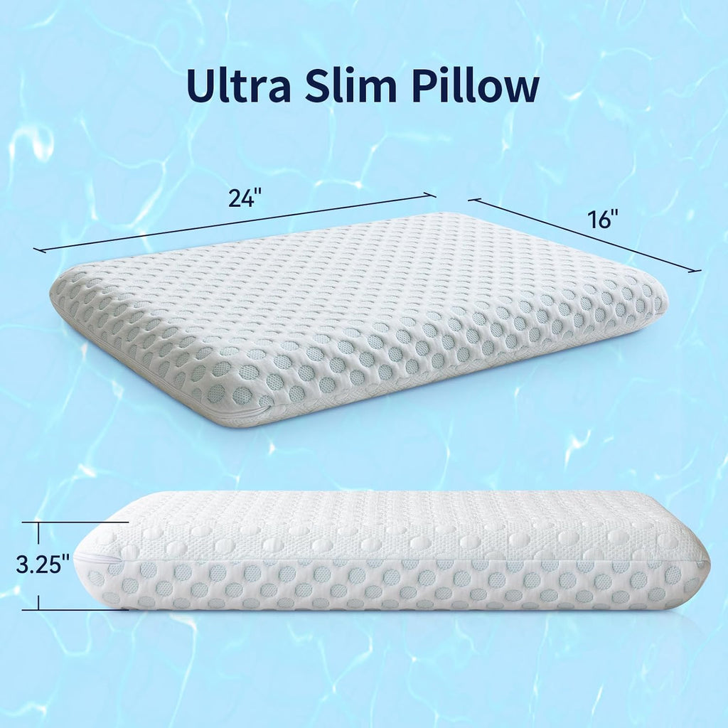 VipbearLiving Vipbear Ultra Thin Pillow 3.25" – Pillows for Stomach, Side & Back Sleepers, Gel Infused Memory Foam with Dual-Sided Coo…
