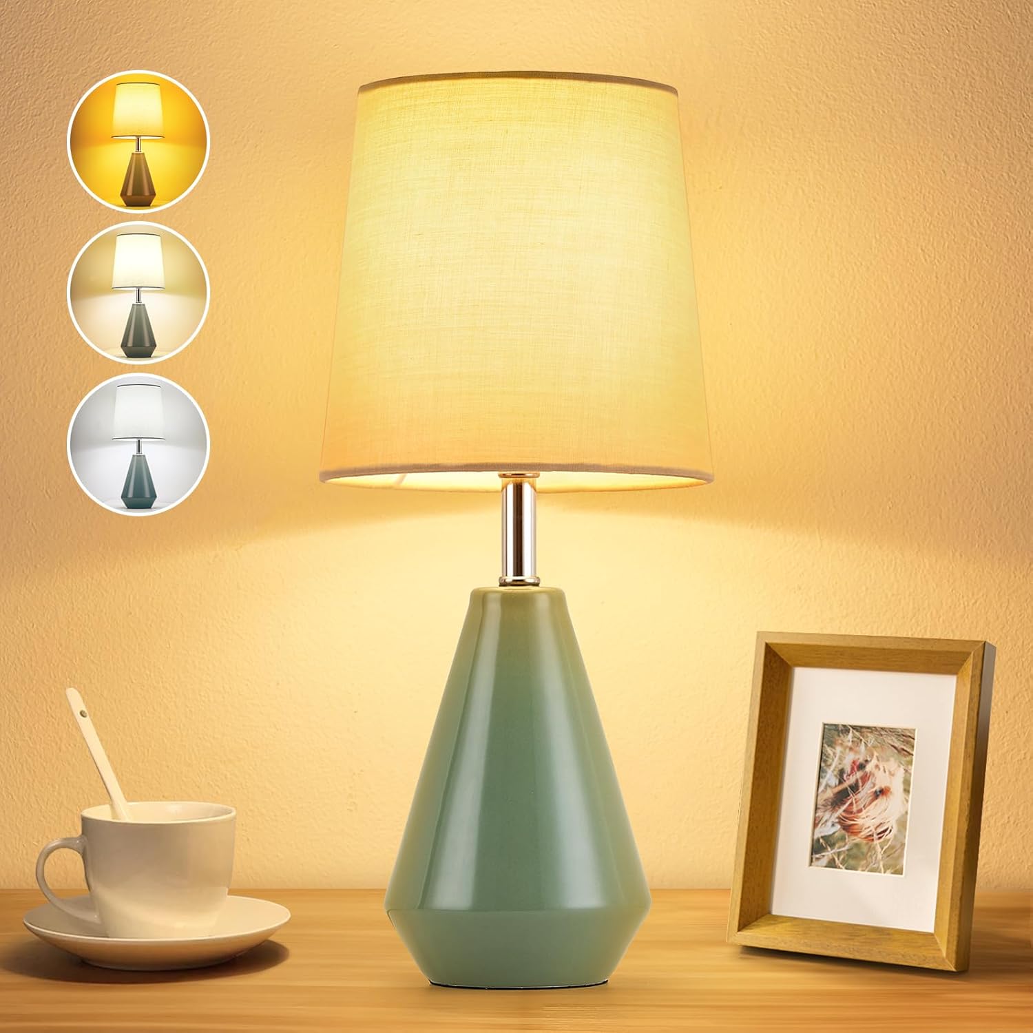 Small Bedside Table Lamp for Bedroom - Reading Desk Lamp with 3 Color Temperatures,15.5" Nightstand Ceramic Lamp with Fabric Shade for…