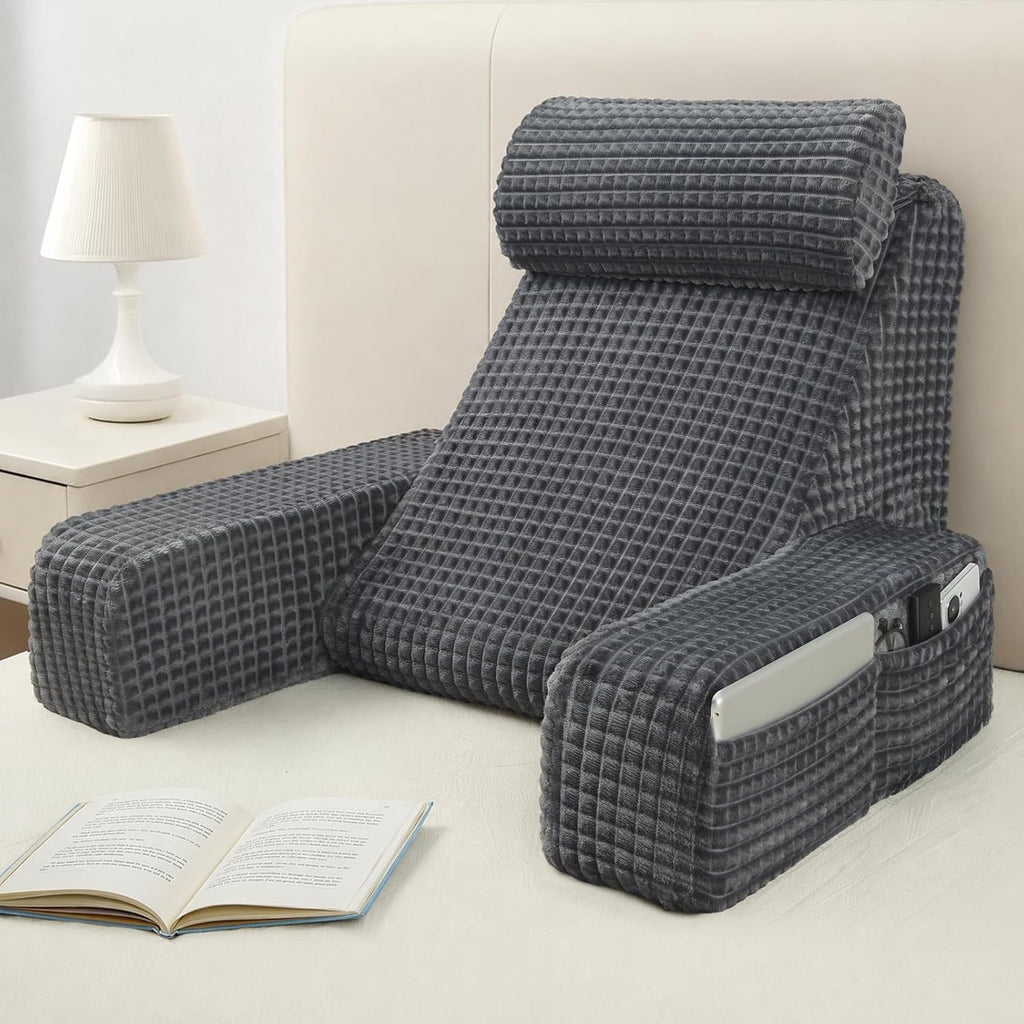 Vekkia Reading Pillow, Back Pillow for Bed Sitting Up Adult, Backrest Support Pillow with Build-in Arms & XL Pockets, Rest Chair for…