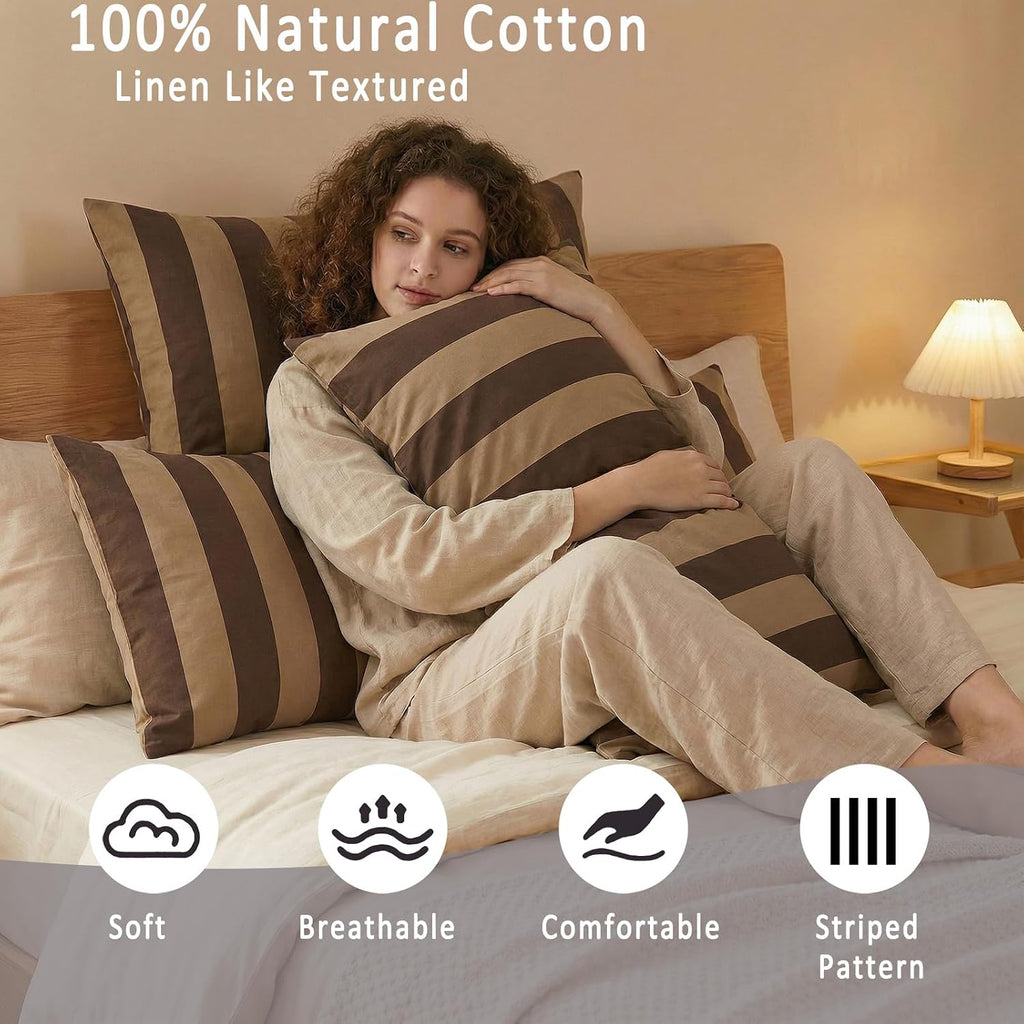 Merryword Queen Size Pillowcases, 100% Cotton Pillow Cases, Brown and Khaki Striped Pillowcases, Luxury Linen Like Pillowcase, Soft Breatha…