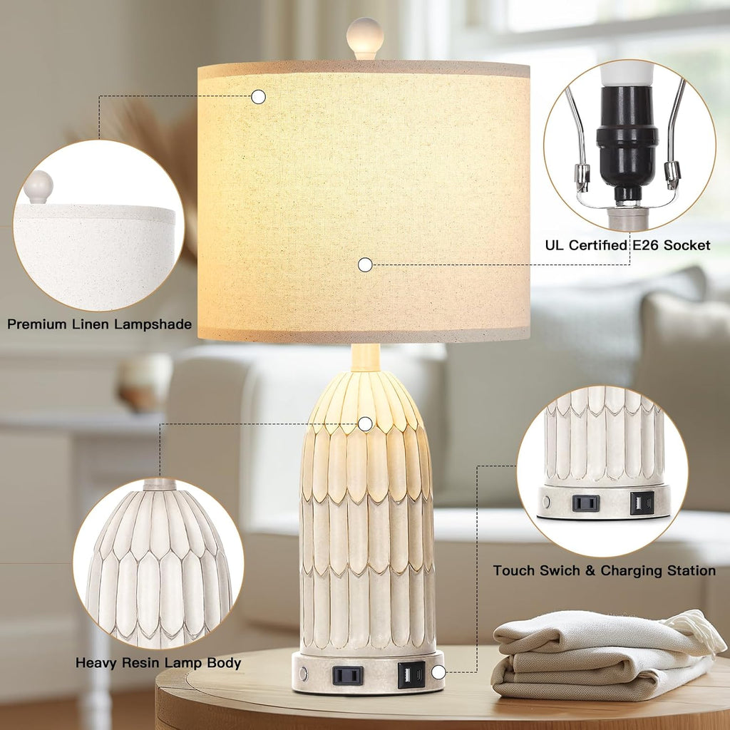 Cinkeda Farmhouse Table Lamps Set of 2, 3-Way Dimmable Touch Lamp for Bedroom Nightstand with USB A+C Ports & AC Outlet, White Vintage…