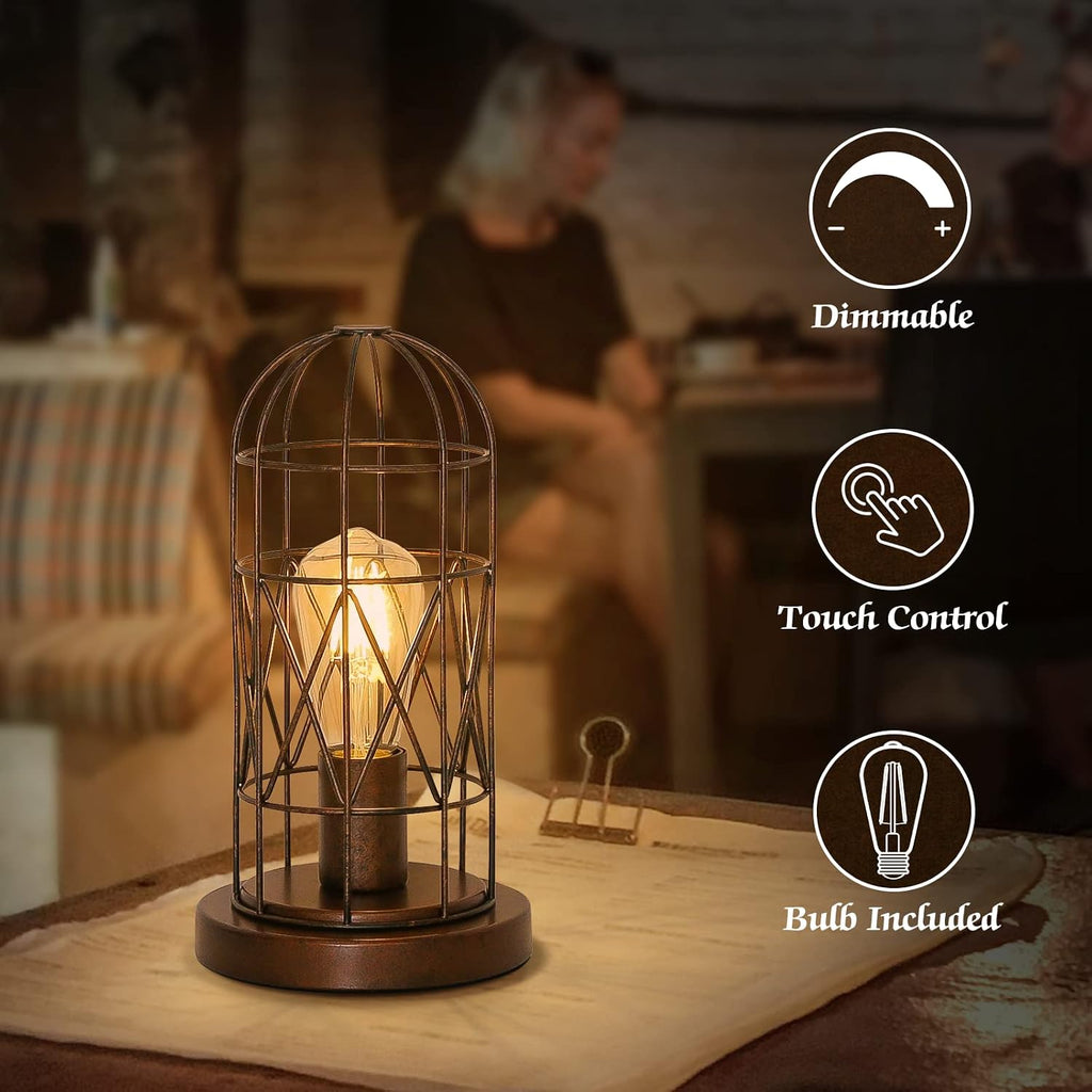 Seaside village Small Touch Lamp, Industiral Bedside Table Lamps with Antique Bronze Cage, 3 Way Dimmable Nightstand Steampunk Edison…
