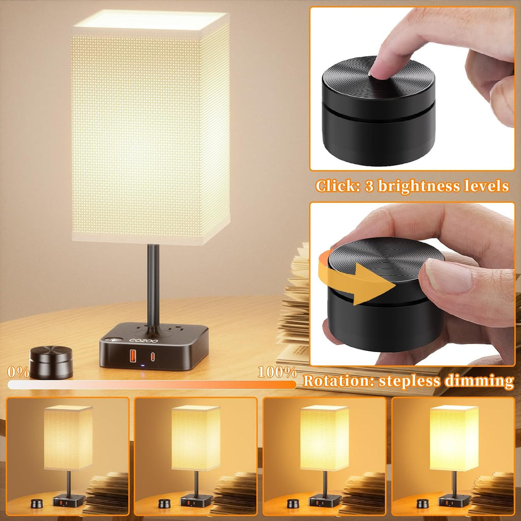 Remote Control Bedside Lamp with USB-C & USB-A Charging Ports, 2 AC Outlets, Stepless Dimming Nightstand Lamp for Bedroom- Touch & Remote…