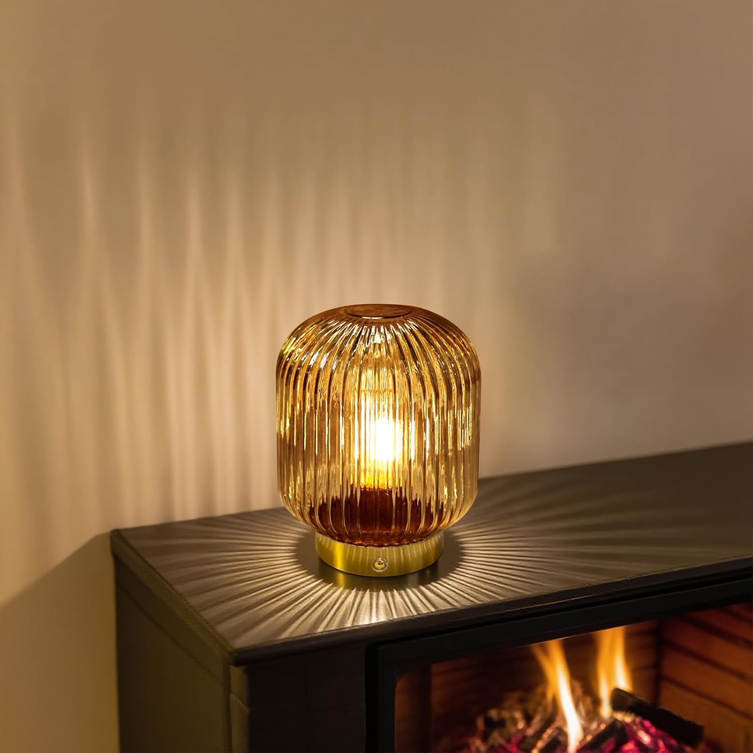 MJ PREMIER Rechargeable Table Lamp, Yellow Glass Lamp with Memory Function, Small Cordless LED Lamp with Dimmable Brightness, Decorative…