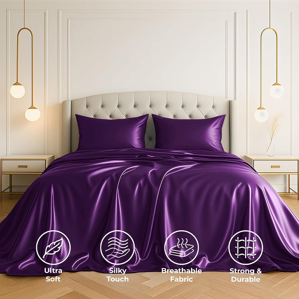 PureBedding Satin Sheets King [4-Piece, Purple] Hotel Luxury Silky Bed Sheets - Extra Soft 1800 Microfiber Sheet Set, Wrinkle, Fade, Stain…