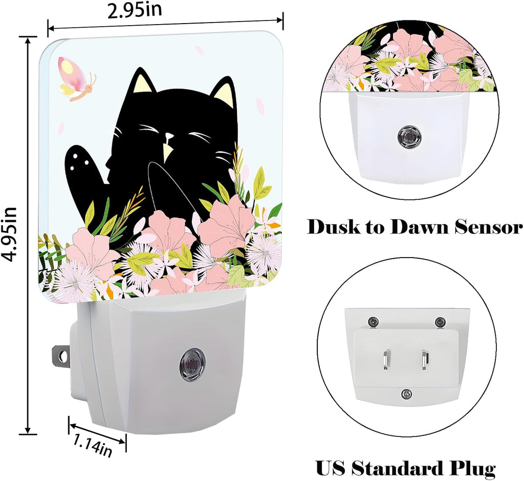 Black Cat and Flowers Night Light, Plug Into Wall for Boys Girls Bedroom Decorative Square Night Light Lamp 0.5w Sleep Friendly