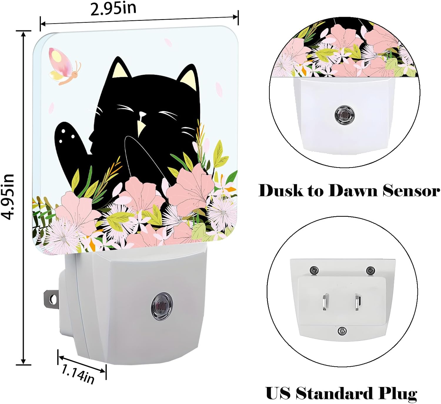 Black Cat and Flowers Night Light, Plug Into Wall for Boys Girls Bedroom Decorative Square Night Light Lamp 0.5w Sleep Friendly