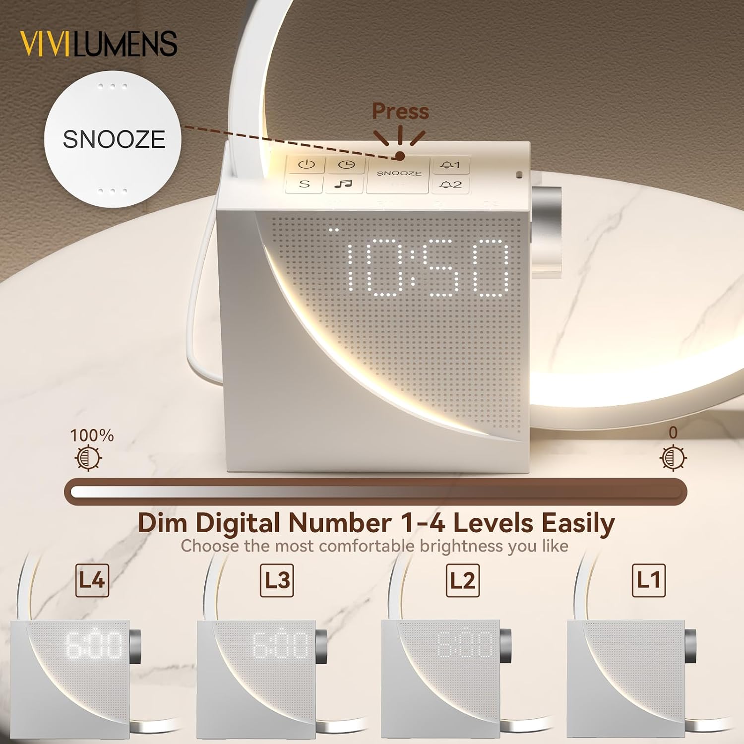 LightUpExquisiteLife Vivilumens Sunrise Digital Alarm Clock, White Noise Sound Machine, Timer with USB Port, Dimmable Digital Clo…