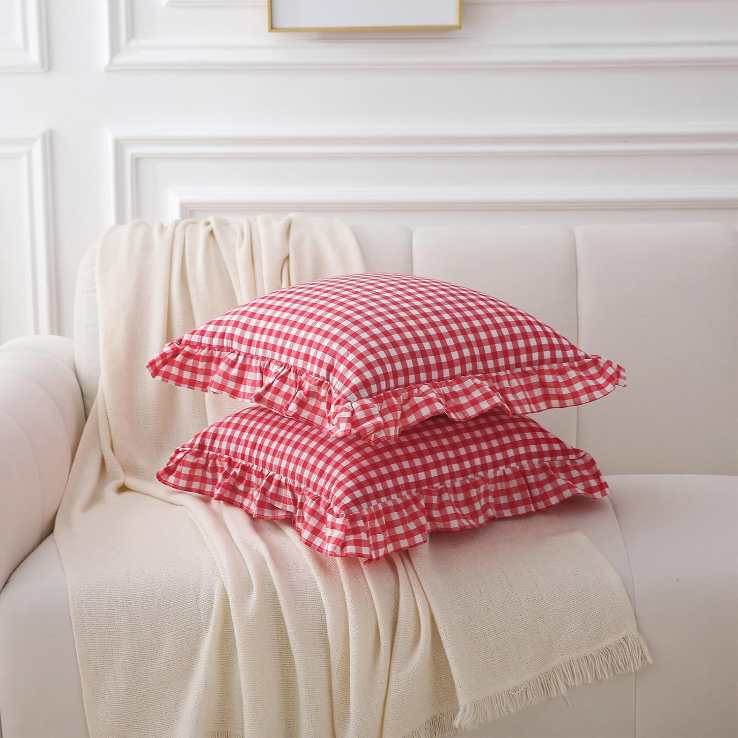 Kmasaniji 2 Pack Red White Plaid Ruffle Gingham Throw Pillow Covers, 100% Washed Cotton Christmas Decorative Buffalo Checkered Farmhouse Pi…