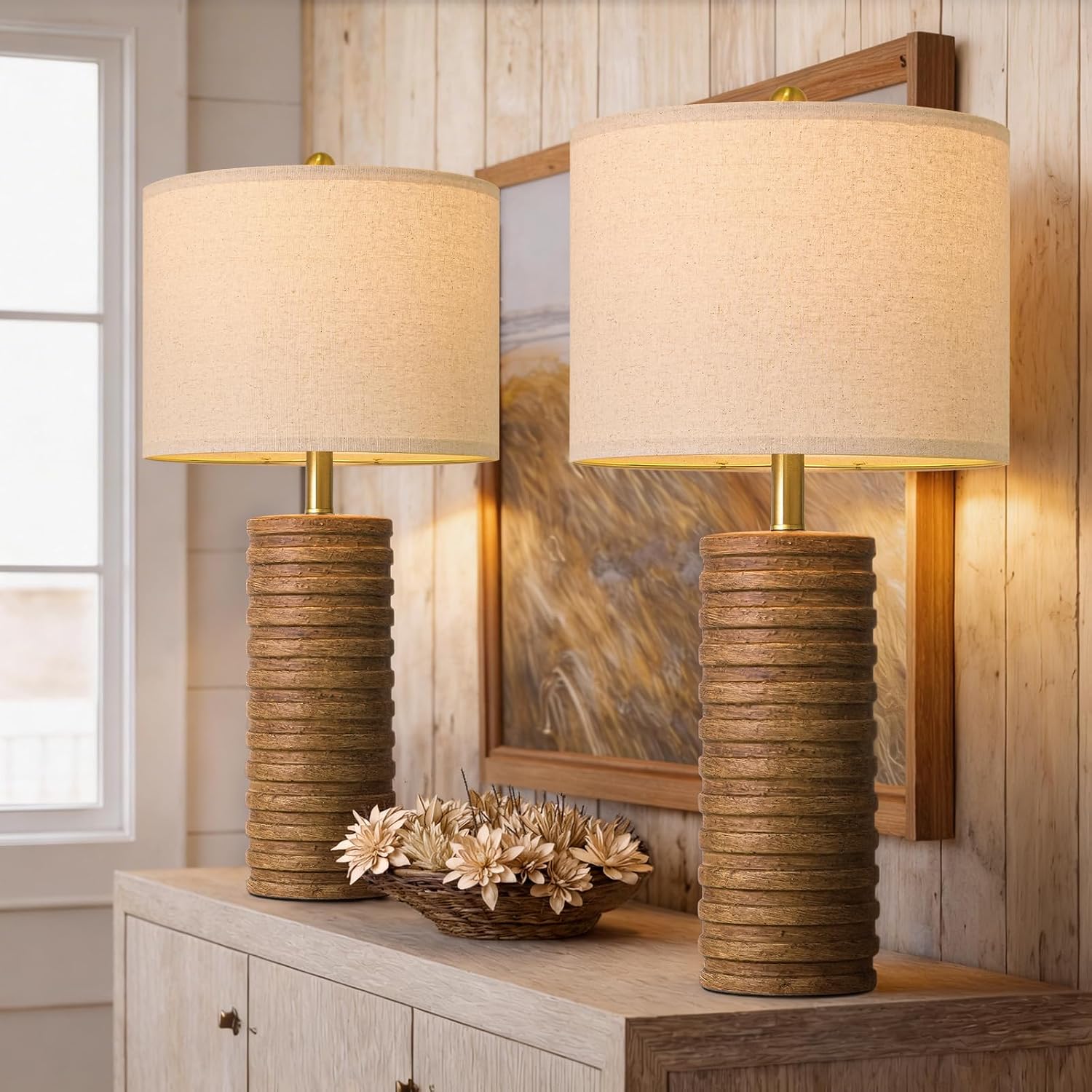 PoKat Farmhouse Table Lamps Set of 2 for Living Room, 27'' Tall Retro Ceramic Bedside Lamps with Linen Lampshade for Bedroom, Vintage…