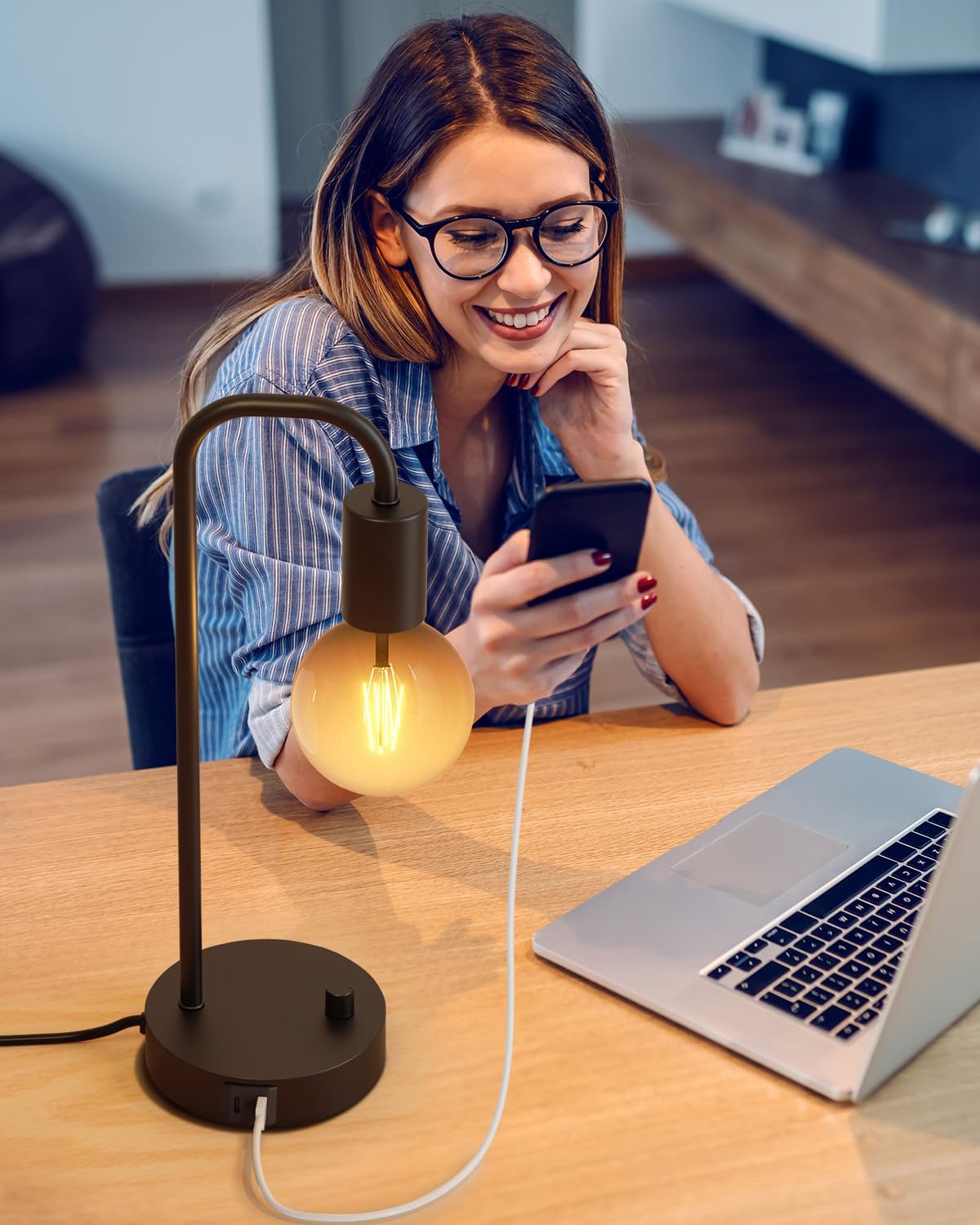 ONEWISH Industrial Table Lamp Set of 2 with USB C&A Charging Port, Stepless Dimmable Nightstand Bedside Lamps for Bedroom, Desk Lamps with…