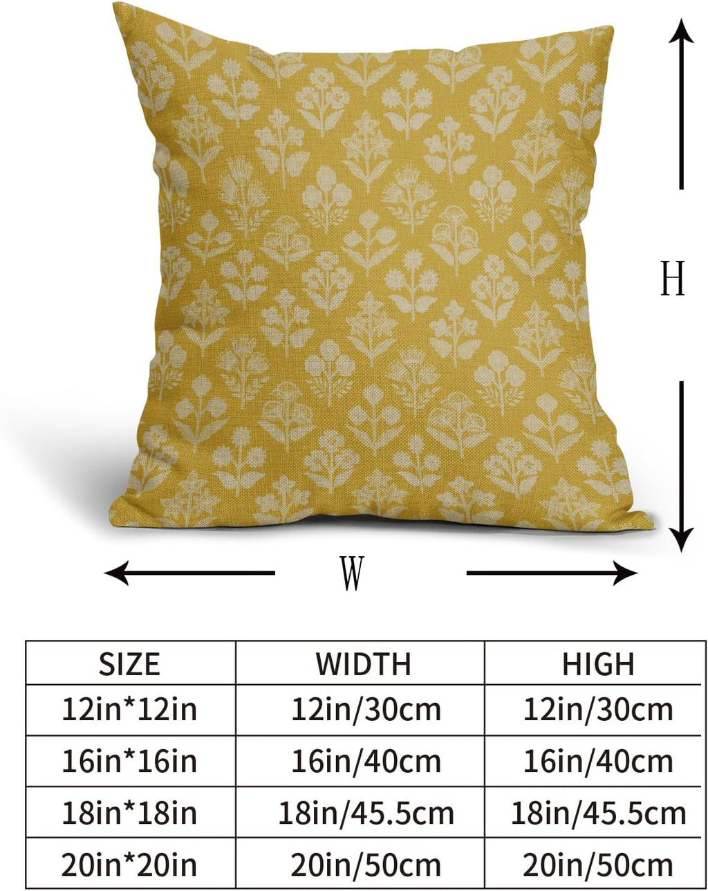 Yellow Floral Block Print Pillow Covers 16x16 Inch Set of 2, Vintage Flower Pattern Decorative Throw Pillowcases Outdoor Farmhouse…
