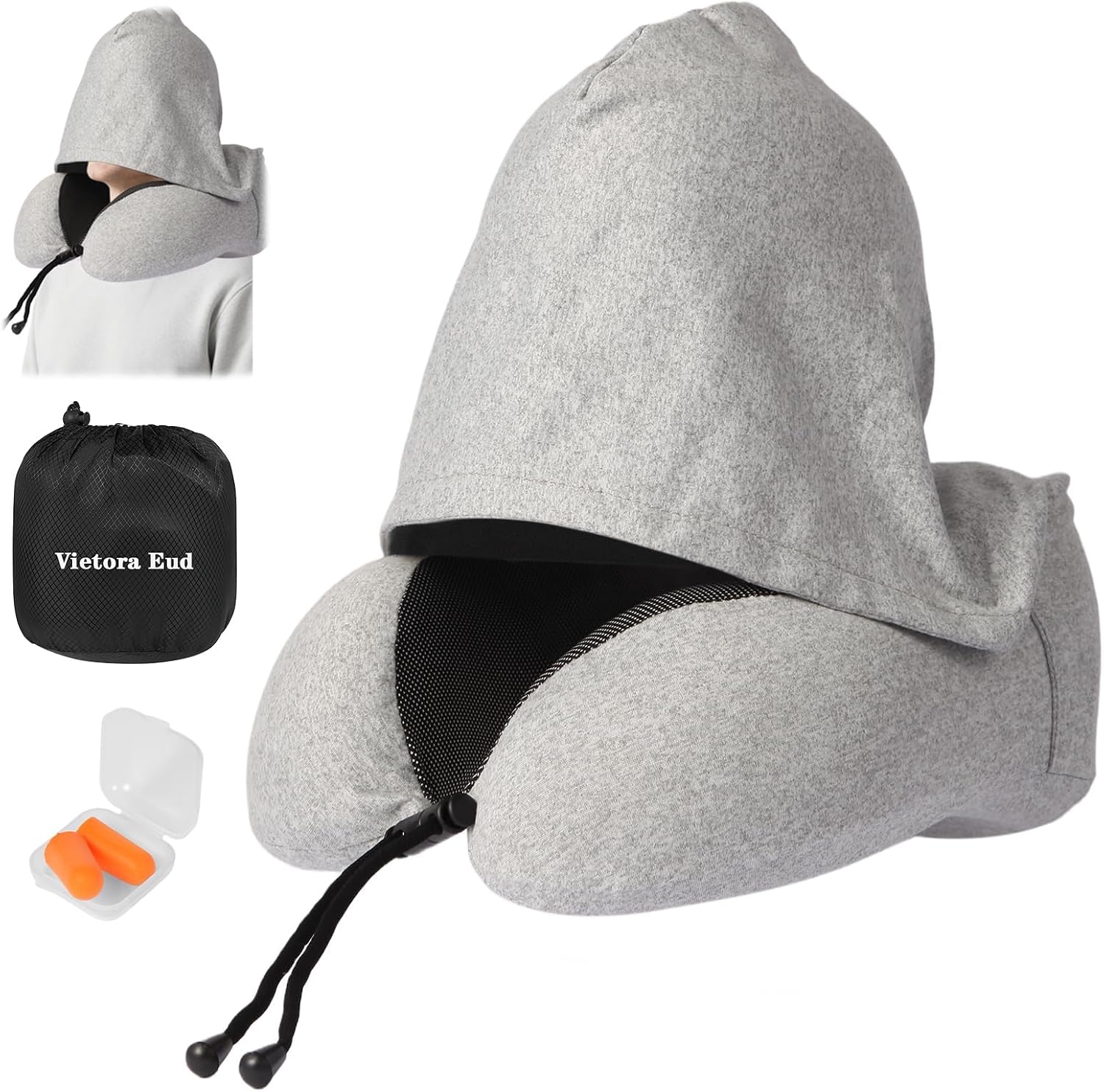 Travel Neck Pillow with 100% Light-Blocking Hood – Ergonomic Memory Foam Support Pillow for Airplane, Long Flights, Road Trips, Office…