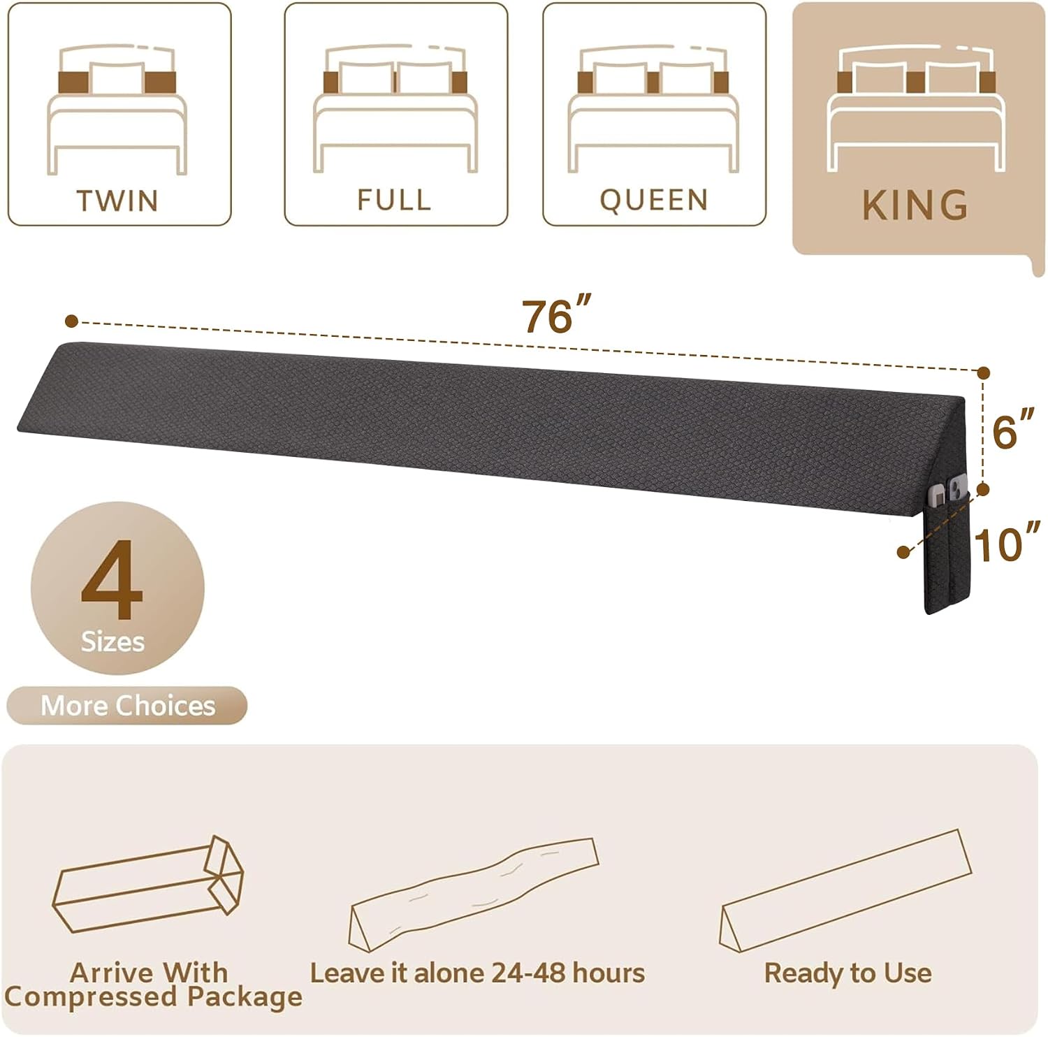 Bedluxe King Wedge Pillow Headboard (76"x10"x6"), Bed Wedge Pillow for Headboard, Foam Headboard Pillow, Bed Gap Filler King - Fill The…
