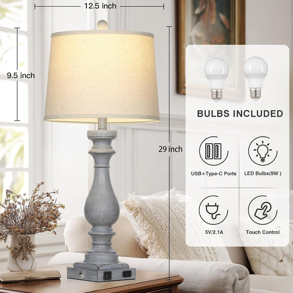 Cinkeda 29" Tall Farmhouse Table Lamp for Living Room Set of 2, Vintage Retro Nightstand Lamps with USB C+A Ports & AC Outlet,3-Way…