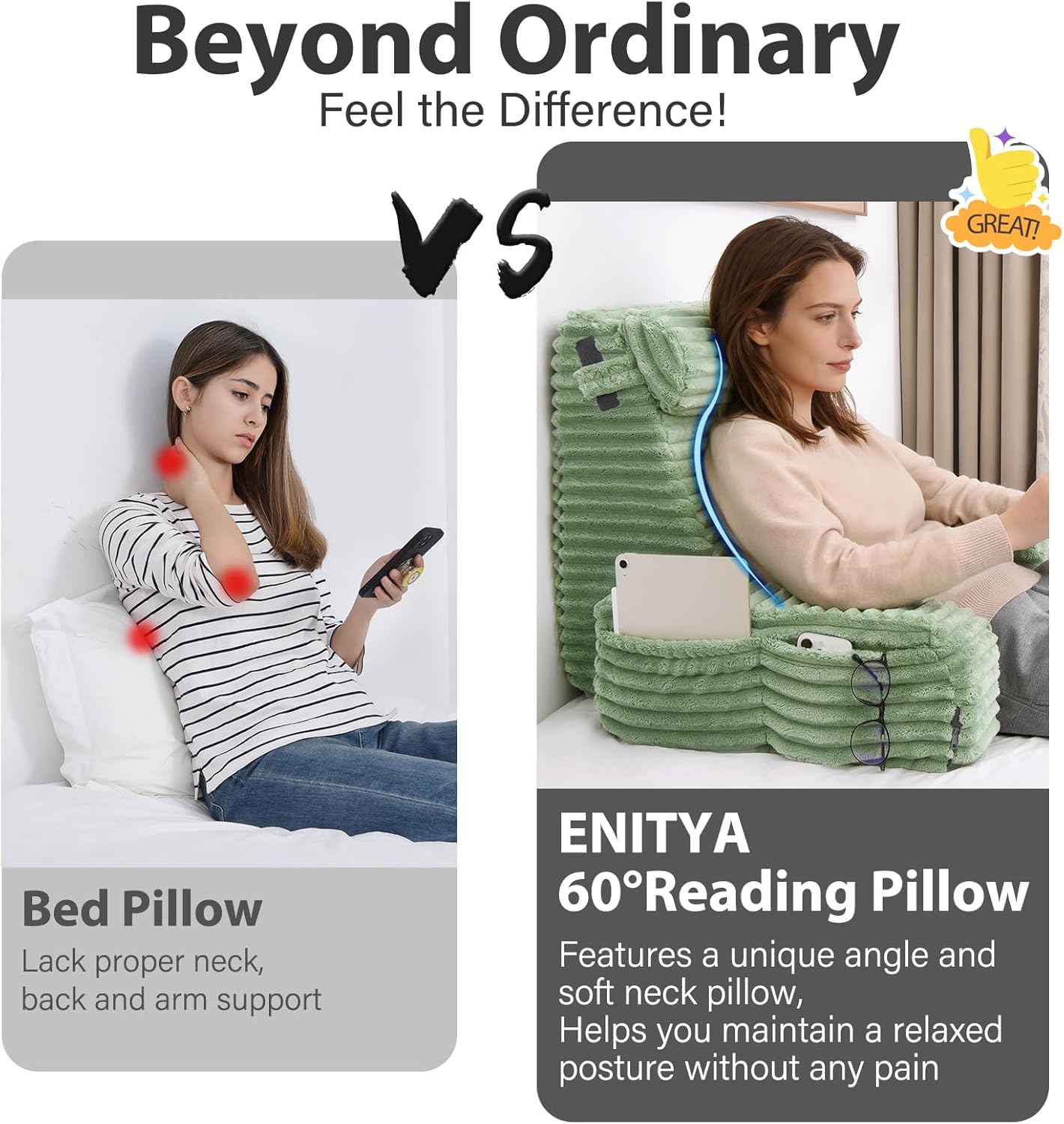 ENITYA 22" XL Reading Pillow with Armrests & Large Pockets, Supportive Back Pillow with Removable Cover, Ideal for Watching TV, Gaming…