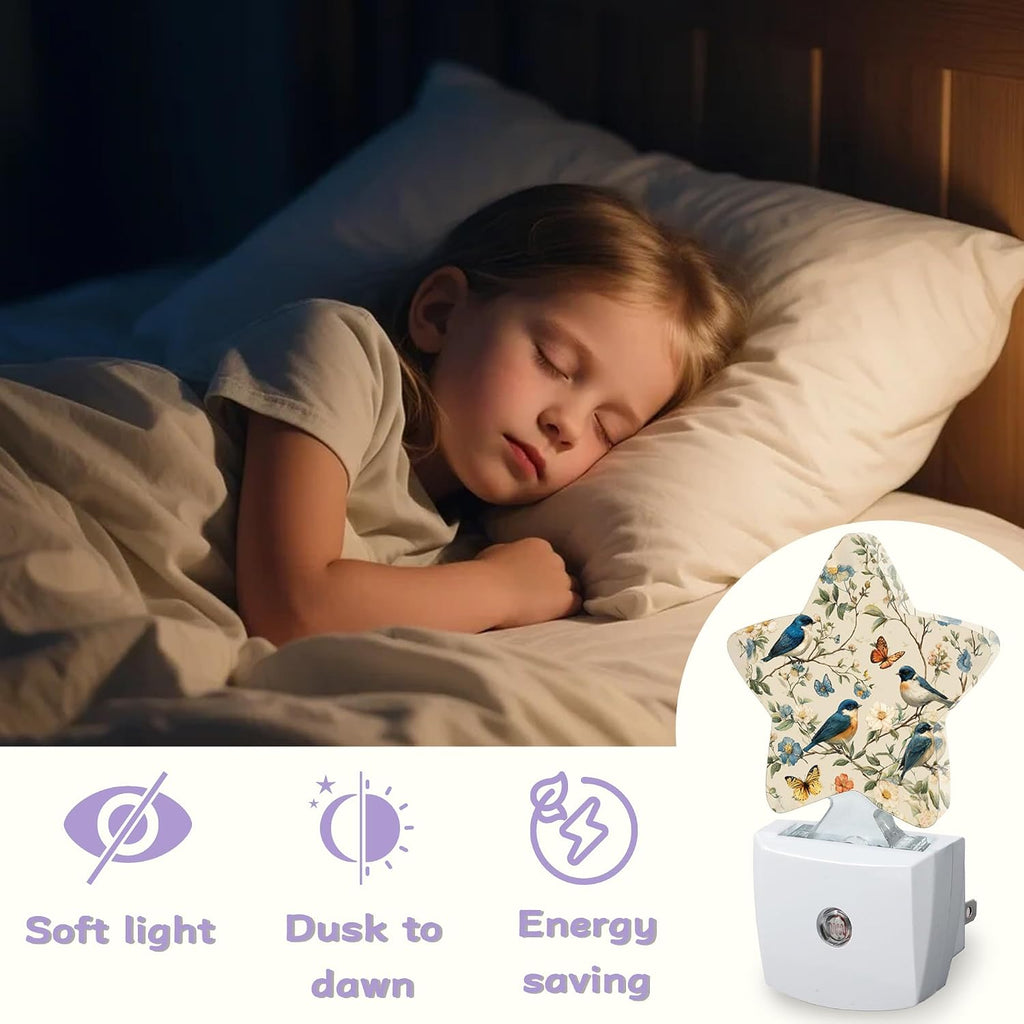 Birds Butterfly Decorative Nightlight Plug in Wall, Watercolor Floral Star Shaped Night Light with Built in Sensor for Home Decor, Kitchen…