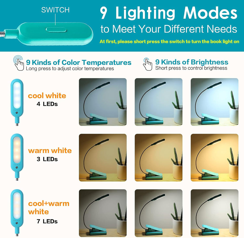 Vavofo Clip On Book Light for Bed Kids, 7 LED Reading Light with 9-Level Warm Cool White Daylight, Eye comfort Lamp with Power Indicator…