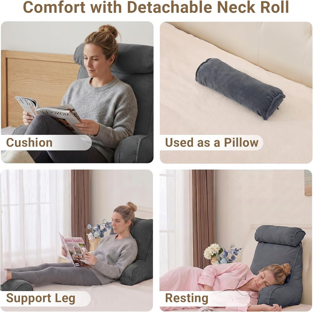 Reading Pillow for Bed with Detachable Neck Roll and Shredded Memory Foam, Back Pillow with Arms for Sitting Up, Washable Bed Rest Pillow…