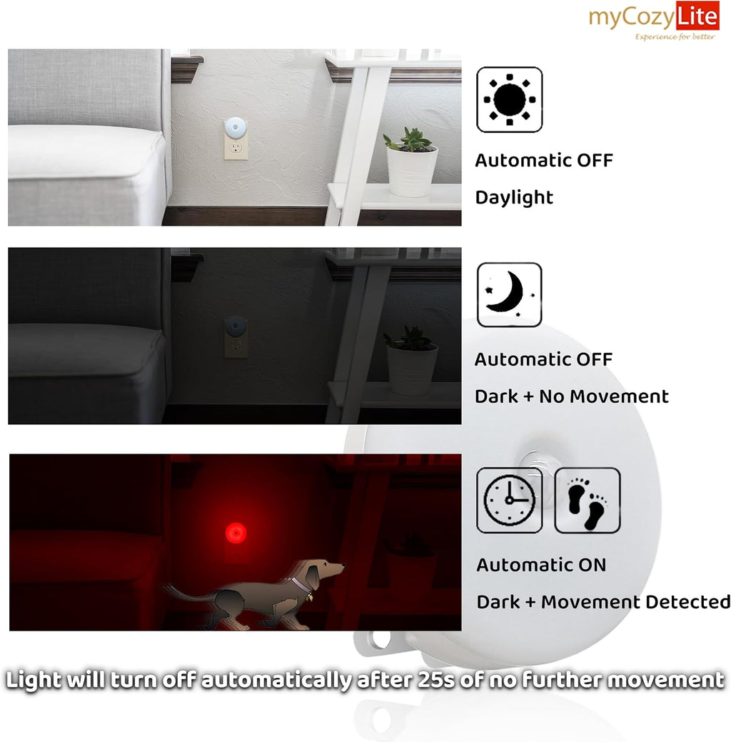 myCozyLite Red Motion Sensor Night Light, Red Light for Sleep, Night Lights Plug into Wall, Automatic ON Off, 2 Pack Motion Night Light…