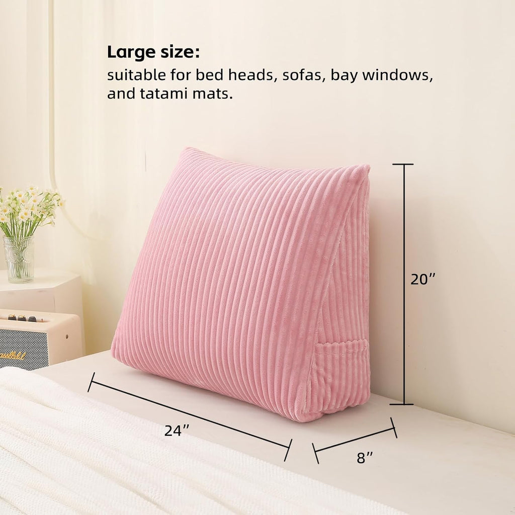 Corduroy Wedge Reading Pillow for Bed, 3 Sizes, 4 Colors for Bed, Sofa, Office Chair (Pink, Large 24 * 20 * 8in)