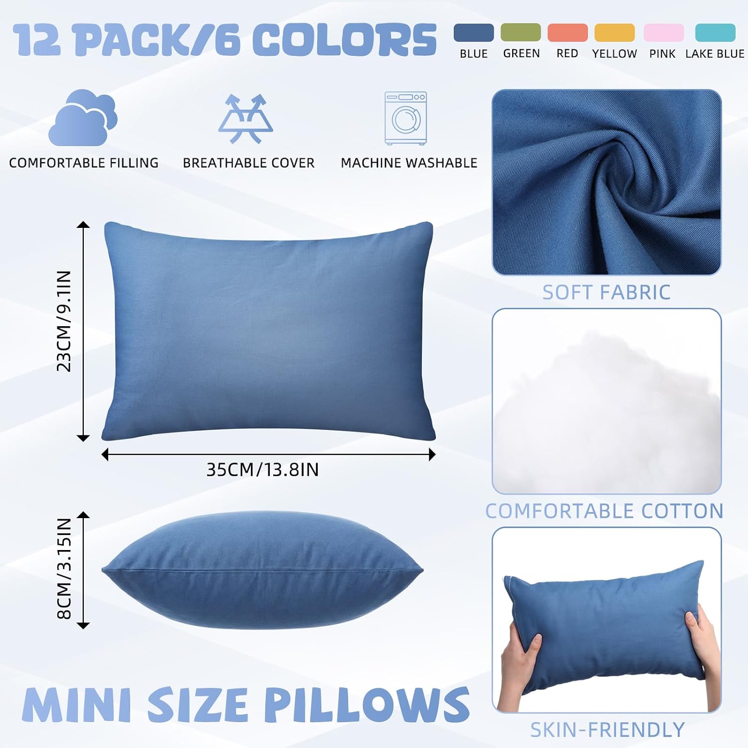 Kigley 12 Pack Mini Pillows for Daycare 9.1 x 13.8'' Small Travel Pillow Bulk Soft Breathable Cotton Pillow for Nap Travel Pet Neck…