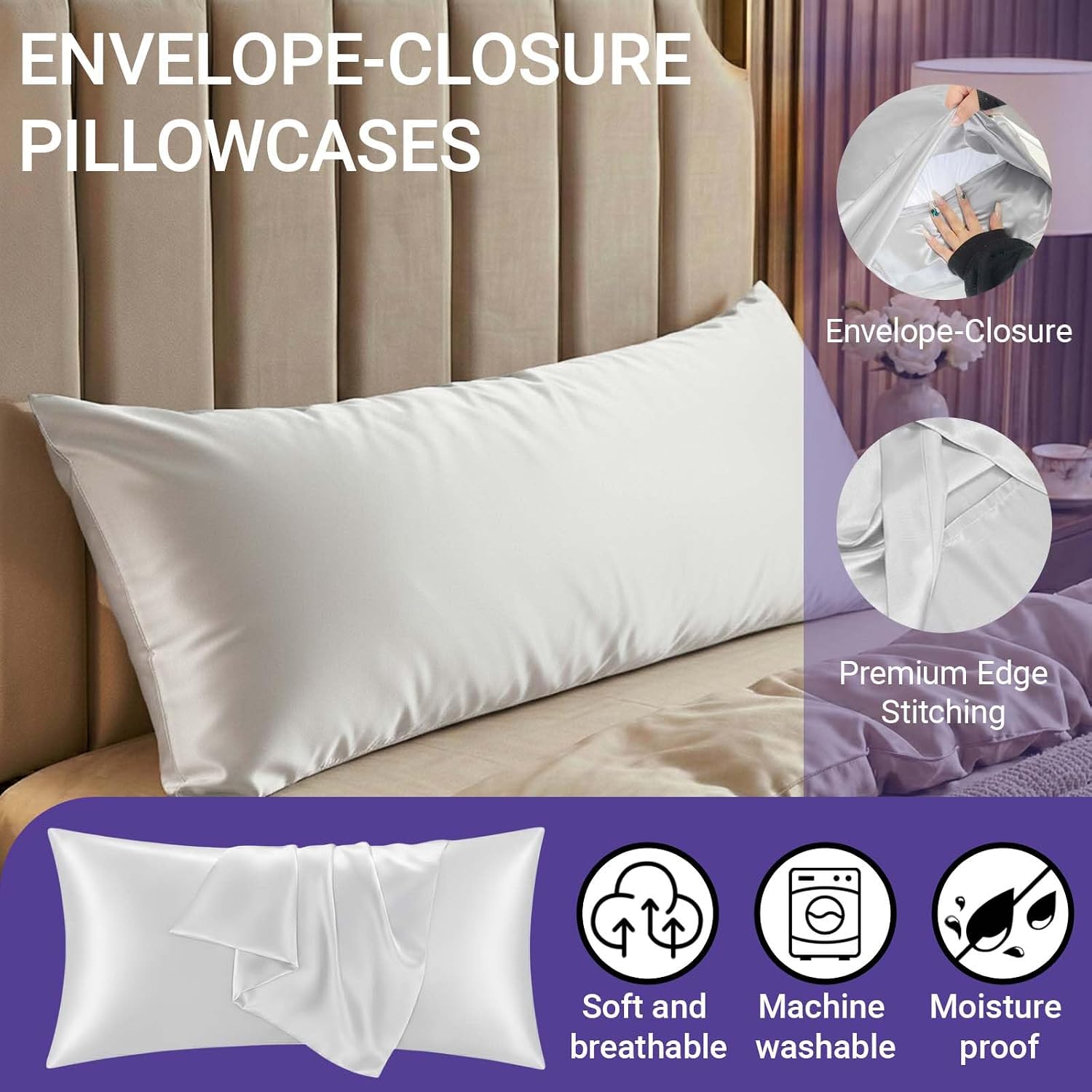 QJFabricCO Q&J Fabric Co. 1 Pack Satin Pillowcase Silk Like Pillow Case 20x54 inch Silver Grey Cooling Pillow Case with Envelope Closure fo…