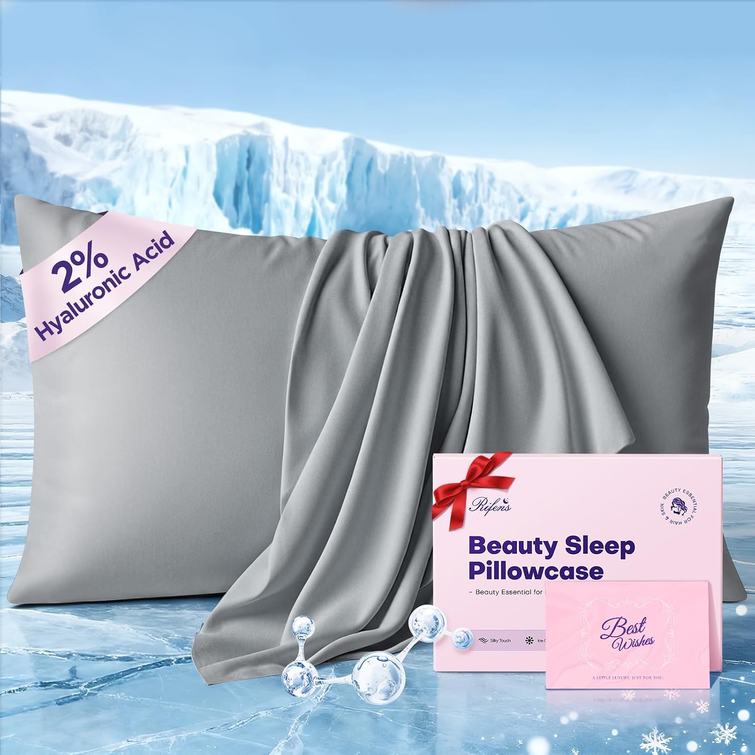 Rifens Instant Chill Cooling Pillowcase for Hot Sleepers, 2% HA Infused Pillowcase Hydrates Skin & Hair, Reduces Wrinkles & Frizz, Softer T…