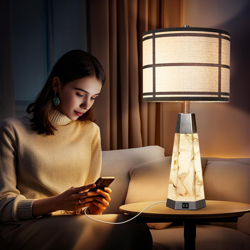 KIVDITZO 27" Alabaster Table Lamps for Living Room, Bedroom Lamps Set of 2 with Night Light, Living Room Lamps with USB A+C Ports, Table…