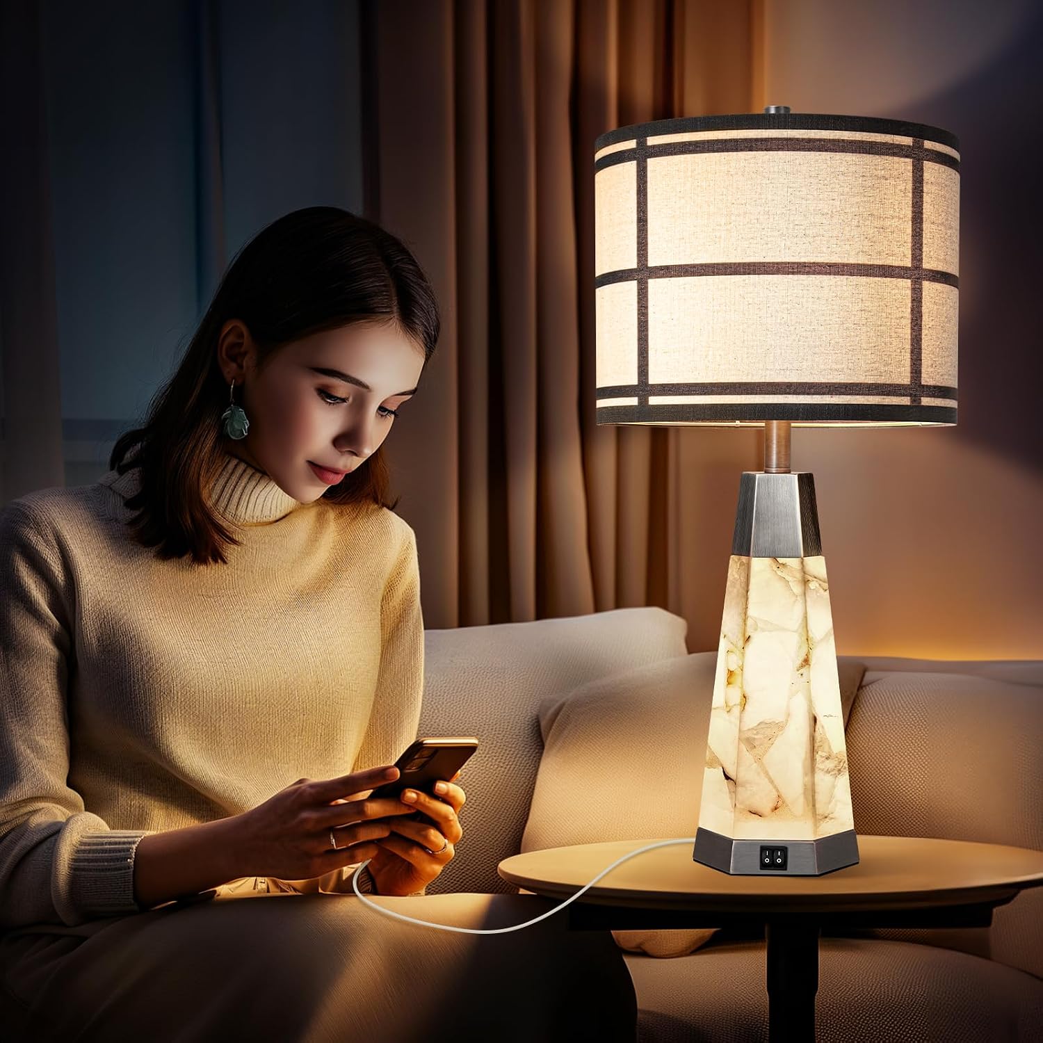 KIVDITZO 27" Alabaster Table Lamps for Living Room, Bedroom Lamps Set of 2 with Night Light, Living Room Lamps with USB A+C Ports, Table…
