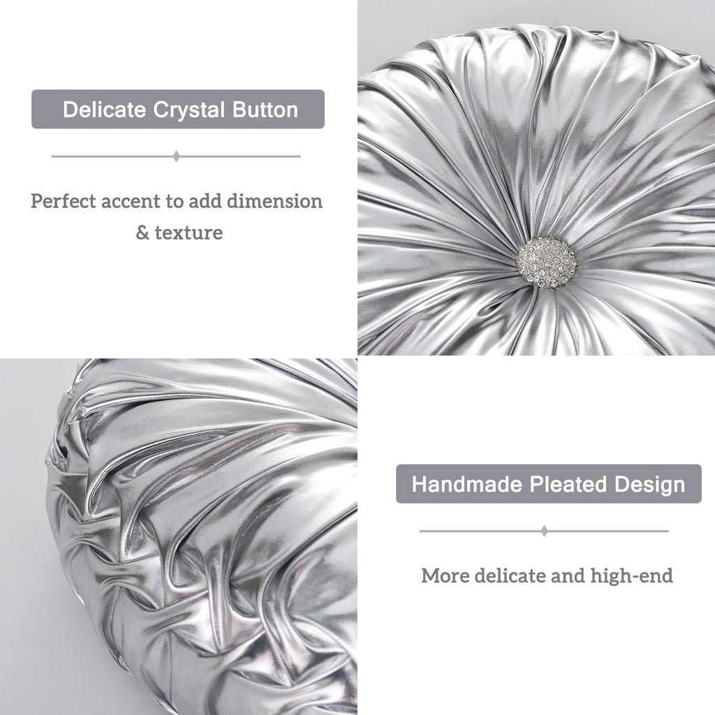 HIG Set of 2 Handcrafted Silver Ruched Round Throw Pillows – 14.5’’ Metallic Leather Decorative Pillows with Soft Polyester Filling for…